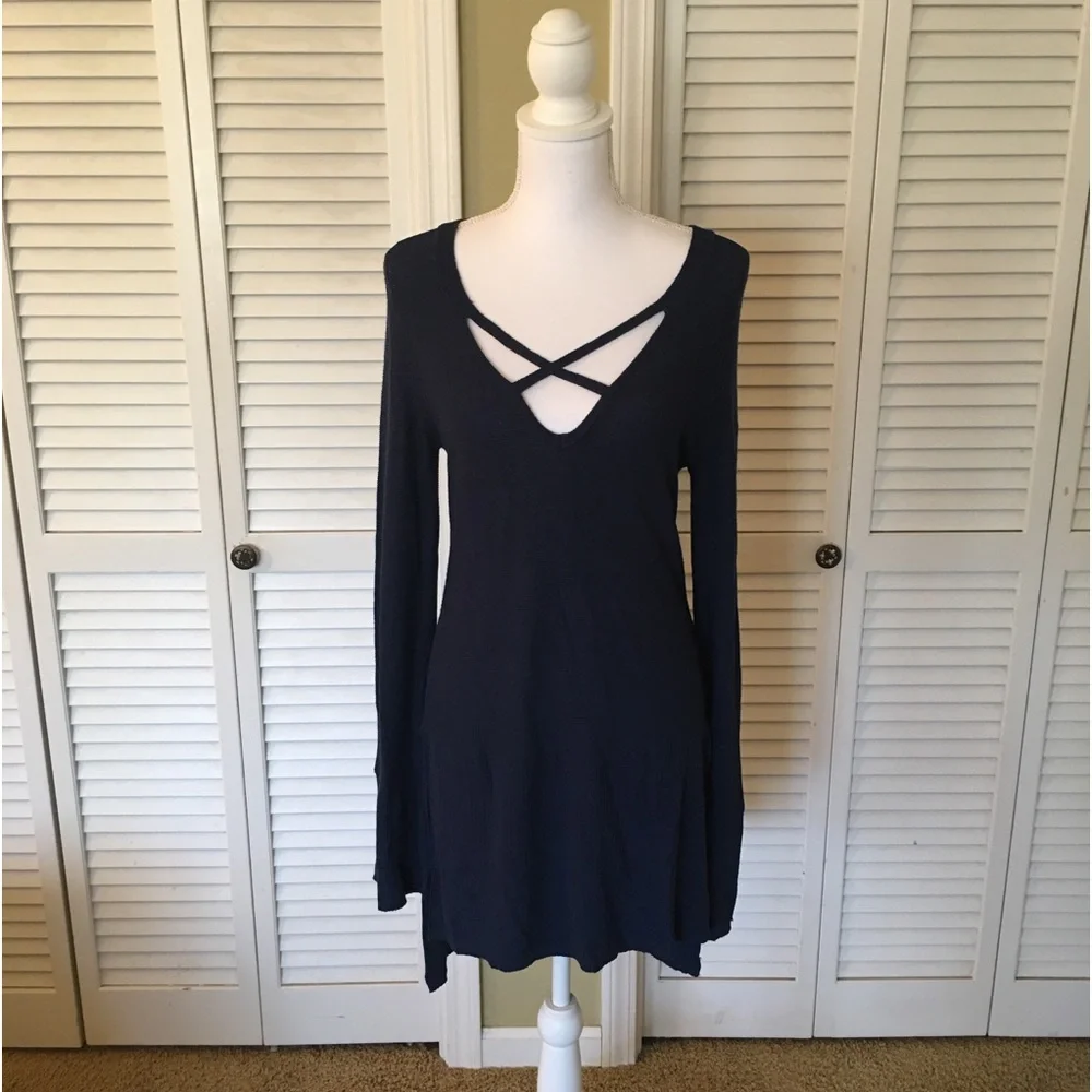 Free People Long Knit Deep Blue Stylish Tunic Top